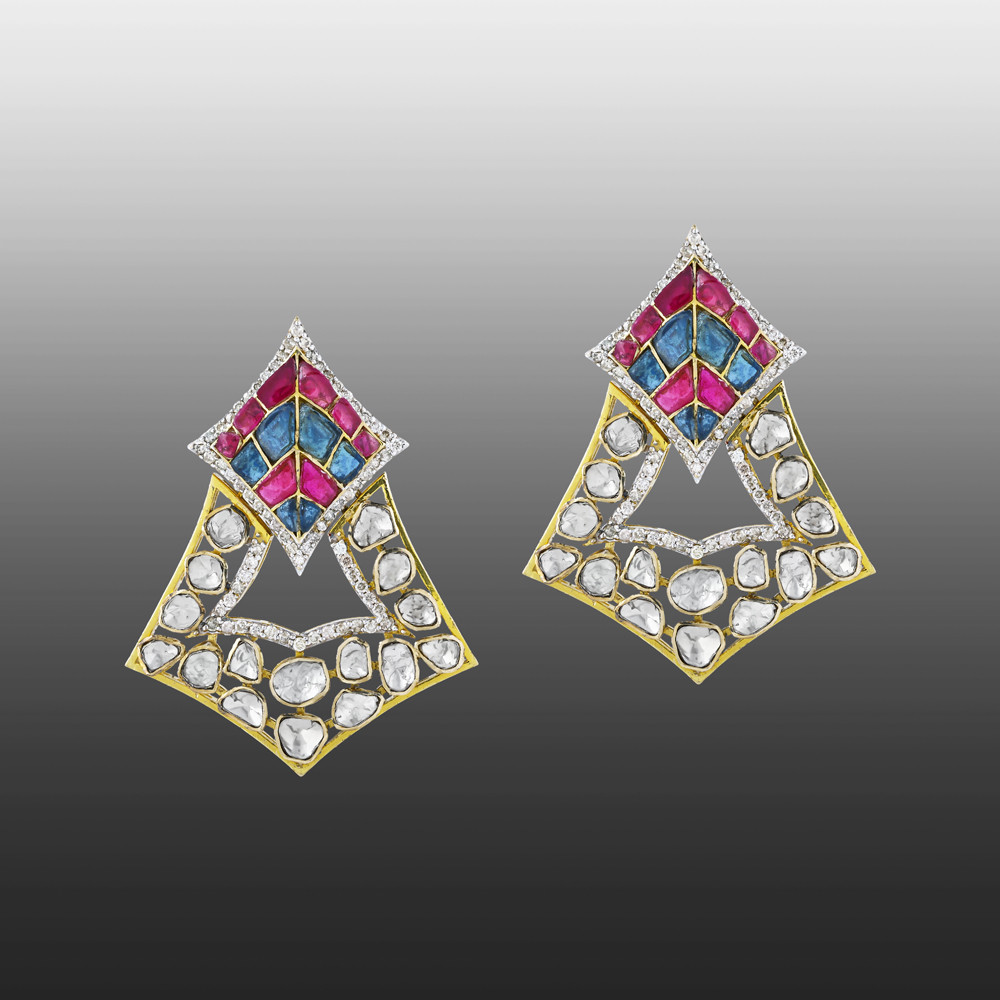 Geometric Polki Earrings with Pink and Blue Talafs